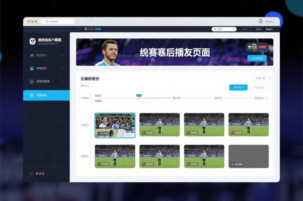 比赛结束后，电视屏幕展示集锦回放页面，旁边有时间轴和多角度切换提示